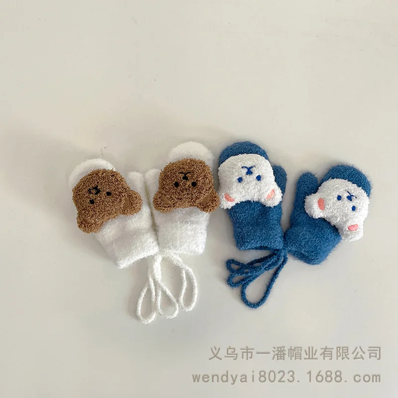 

1-4Y Cartoon Bear Baby Mittens Winter Warm Kids Baby Girl Gloves Knitted Children Toddler Thick Teething Mitten Handschoen