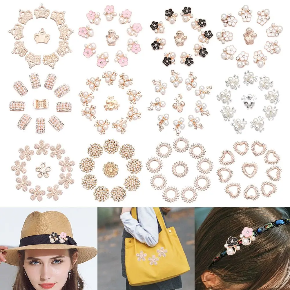 

10PCS Apparel Sewing Flower-shaped Hat Accessories Headwear Clip Pearl Hairpins Rhinestone Buttons Pearl Button