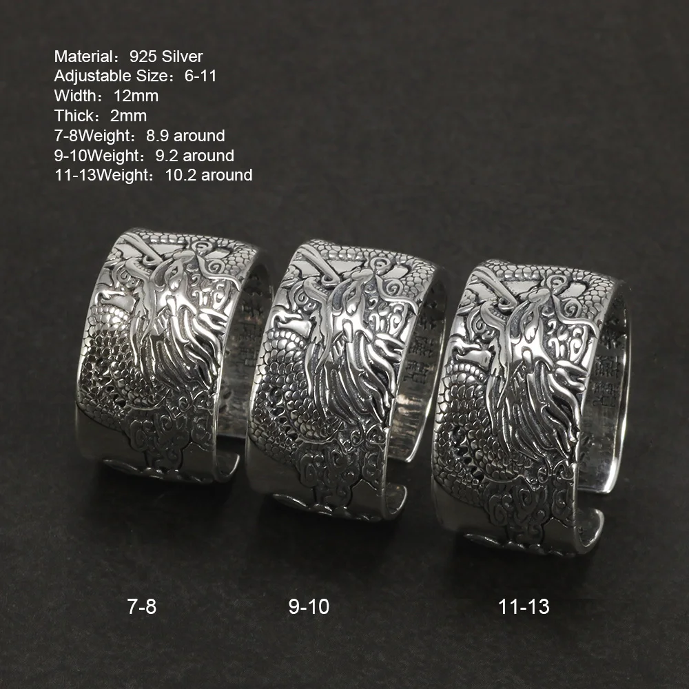 Real 925 Pure Silver Mens Biker Rings With Flying Dragon Vintage Punk Style Heart Sutra Engraved Buddhism Animal Jewelry