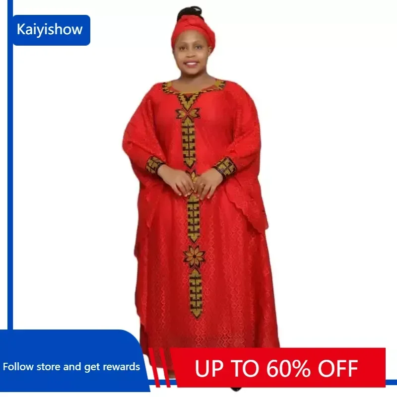 

African Dresses for Women Muslim Fashion Lace Boubou Dashiki Traditional Africa Clothes Ankara Outfits Evening Gown with Headtie