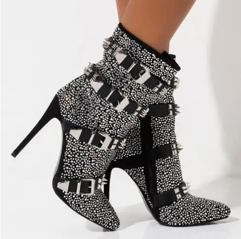 

Punk Style Women Full Crystal Rhinestone Buckles Spike Rivet Pointed Toe Thin Heels Short Boots Zipper Side Party Booties Shoes
