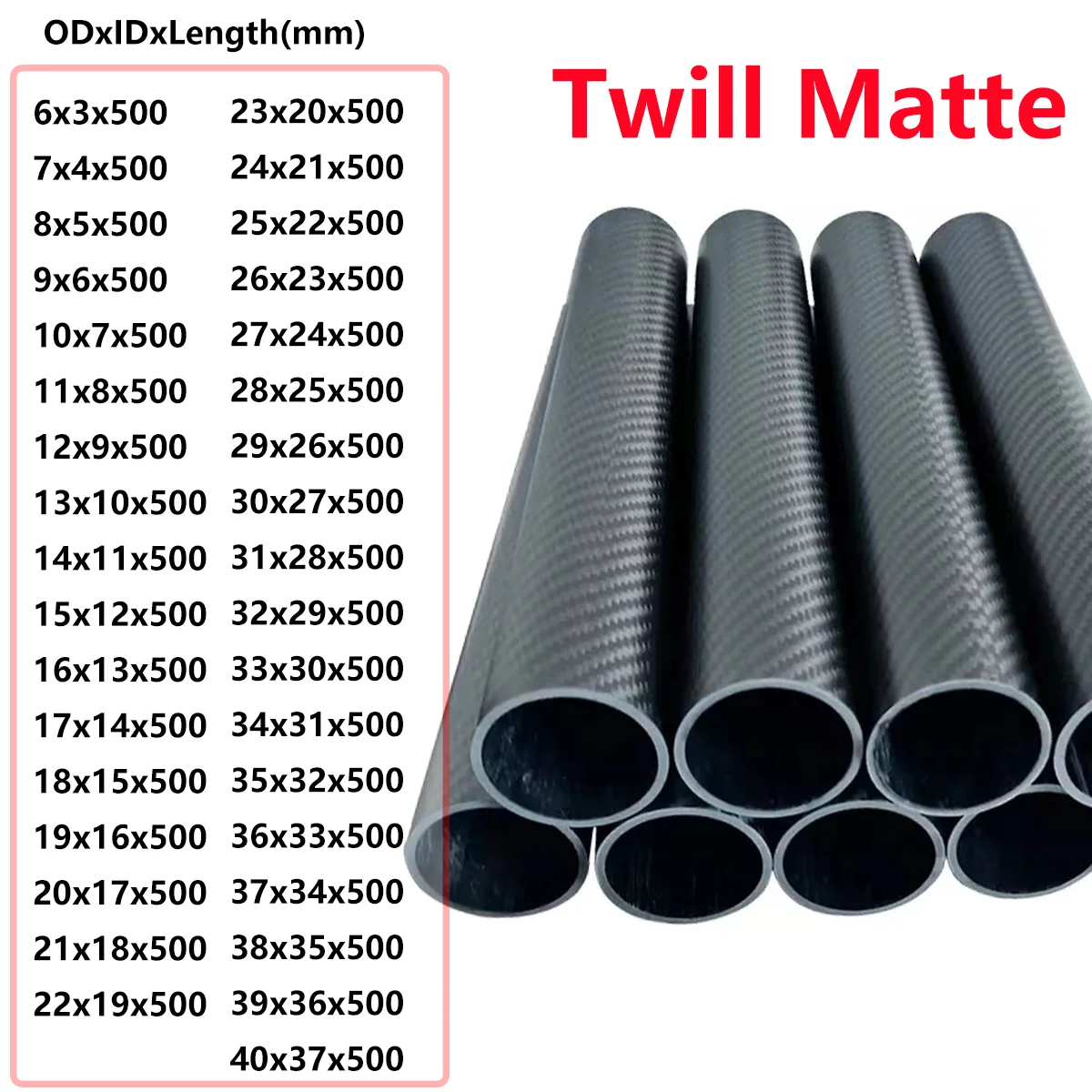 Carbon Fiber Tube 2 pcs 3K 500MM OD 6-40MM Wall Thickness 1.5mm