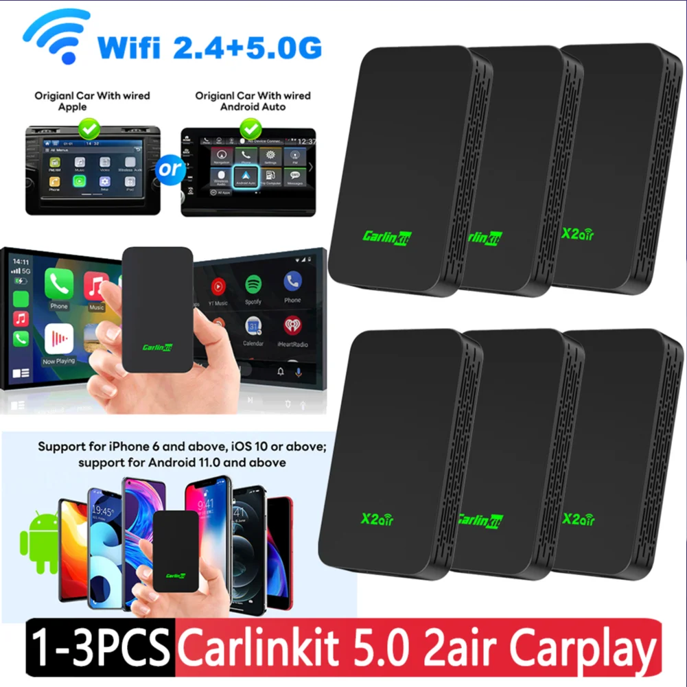 1-3Pcs CarlinKit 5.0 2air Wireless CarPlay Adapter Android Auto Wireless AI  Box Bluetooth Car Connector Device Online Update
