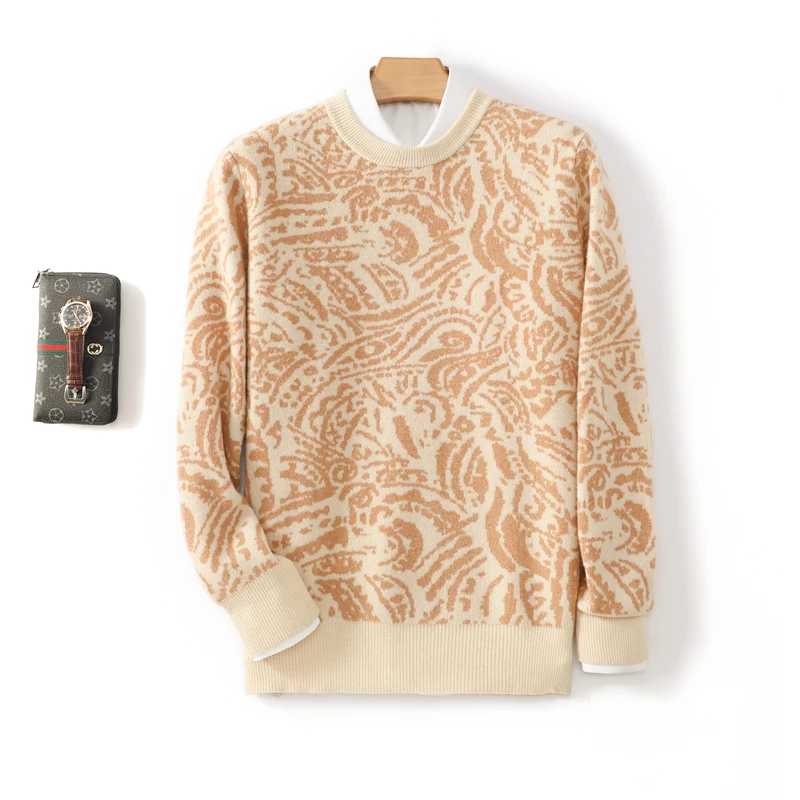 100% pure wool men's round neck contrast color high-end thick pullover loose leisure knitted cashmere sweater