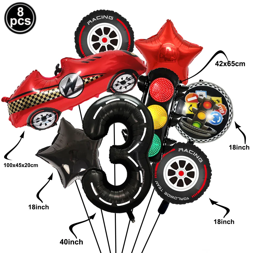 Race-Themed Birthday Party Decoration Set - Balloons, Traffic Cones, Checkered Flags, and Racing Wheel Foil Balloon