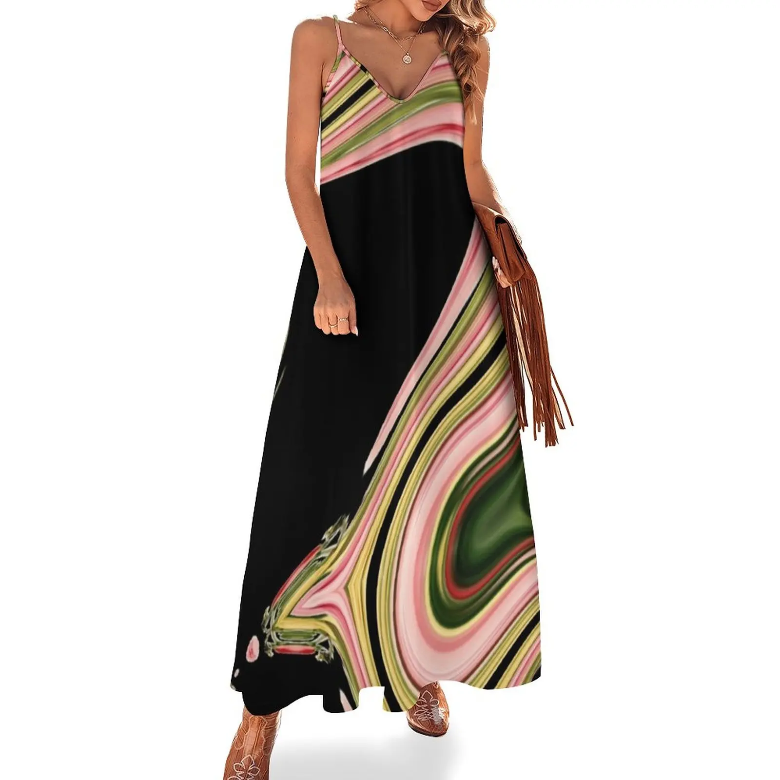 

modern abstract black green neon pink swirls Sleeveless Dress women's luxury party dress women clothing 2024 new arrivals