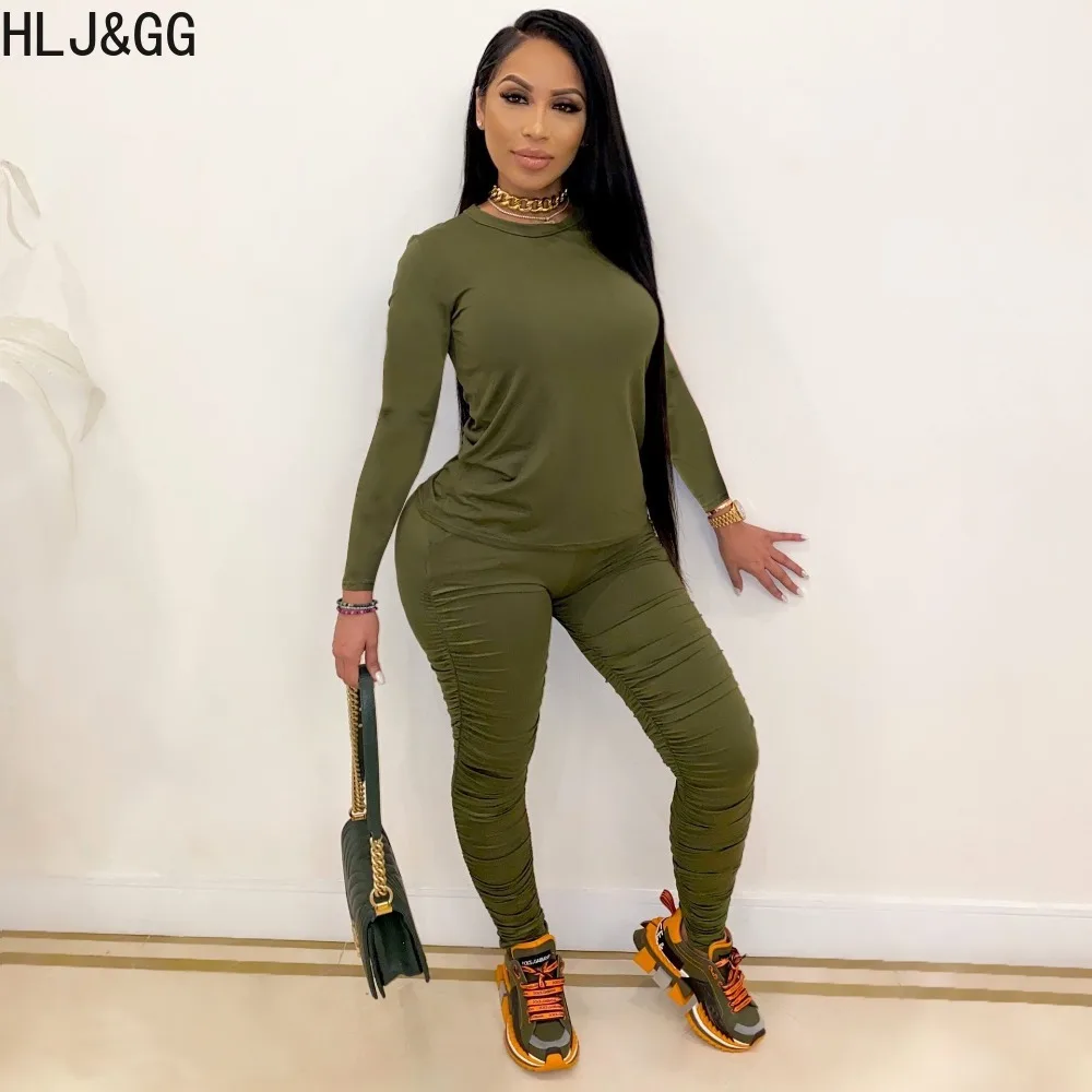 HLJ&GG Autumn Casual Sporty Tracksuits Women O Neck Long Sleeve Top And Skinny Pants Two Piece Sets Female Matching 2pcs Outfits