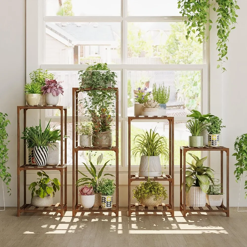 Bamworld 4 Sets of Package Plant Stands Indoor Combo Plant Shelves Outdoor Wooden Plant Rack for Living Room Balcony