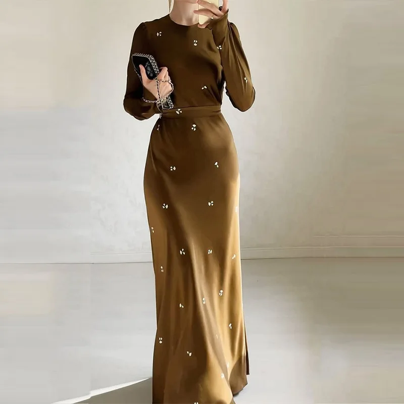 

Stylish round neck, floral tie waist slim dress