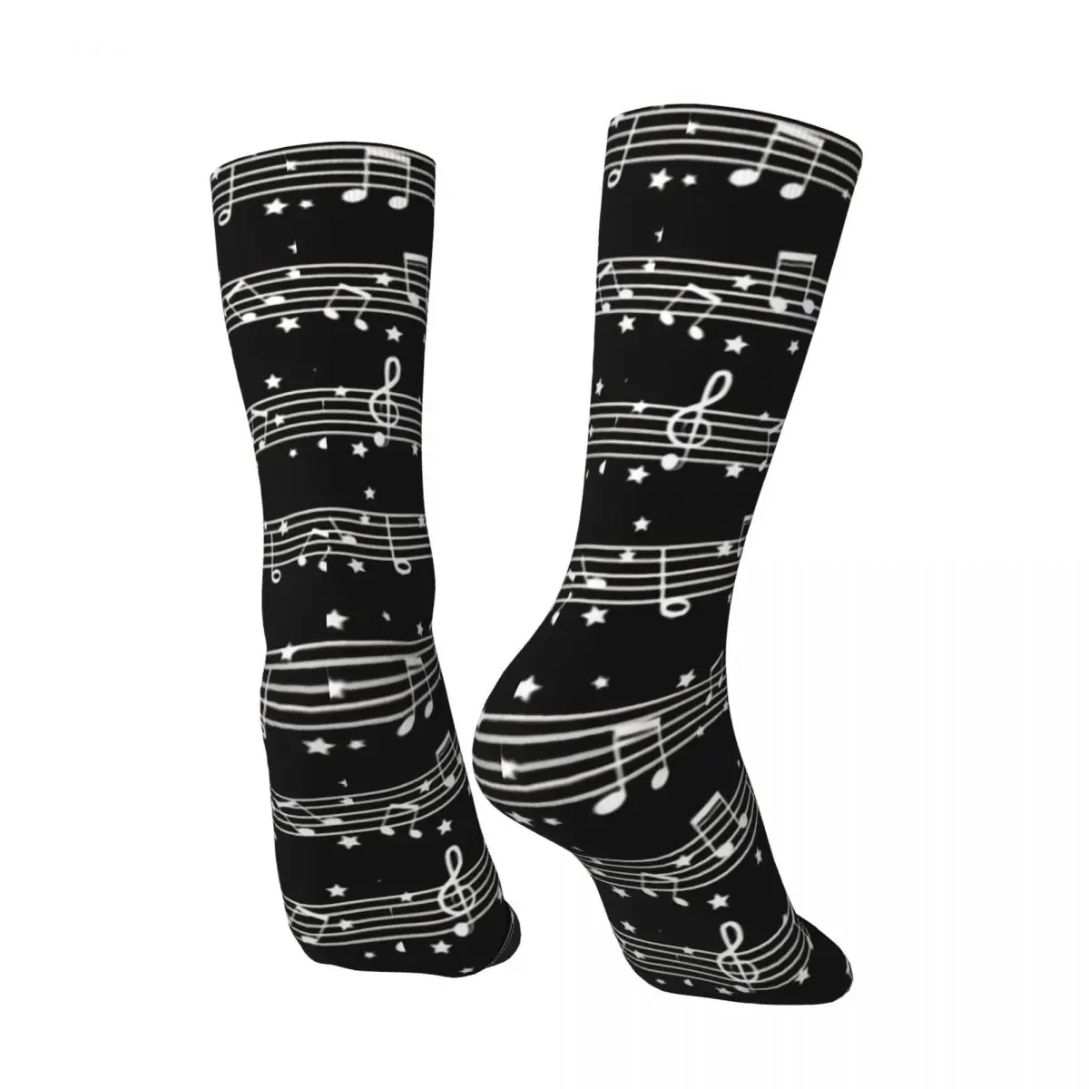 Funny Crazy Sock for Men White On Black Hip Hop Harajuku Music Notes Happy Pattern Printed Boys Crew Sock Novelty Gift