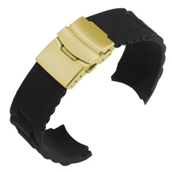 Premium Curved Silicone Sports Watch Strap with Folding Buckle - Unisex Replacement Wristband - 22mm (Black - Gold)