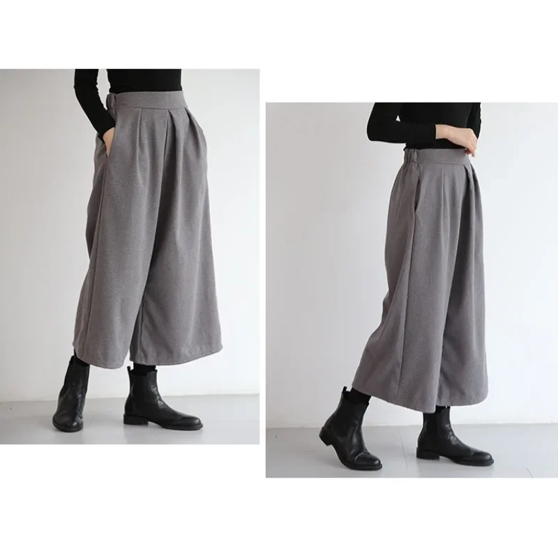 Autumn and Winter New Loose Wool Wide Leg Skirt Pants Women\'s High Waist Versatile Pleated Casual Pants Straight Leg Pants