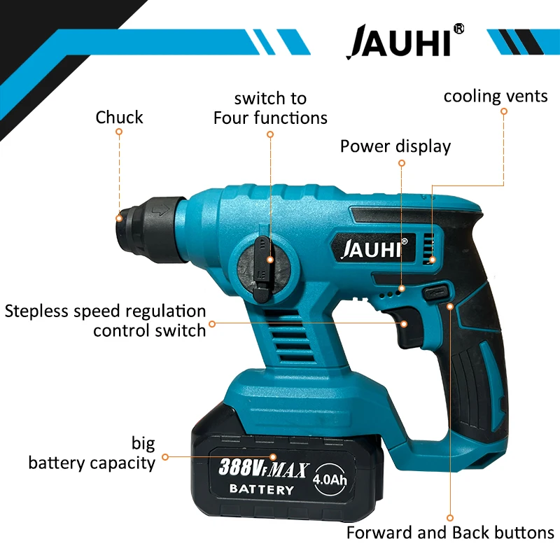 JAUHI 1000W 8600IMP Rechargeable Electric Hammer Cordless Multifunction Hammer Impact Drill Power Tool for Makita 18V Battery 4