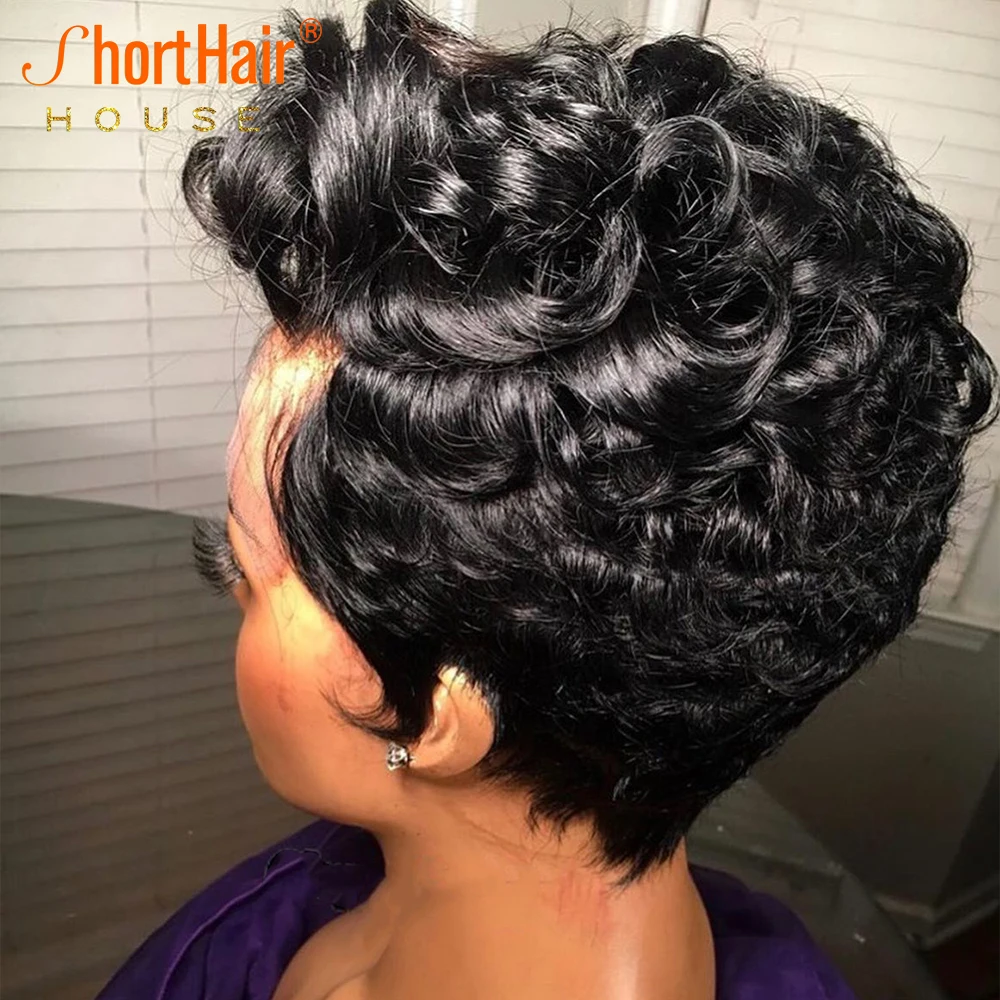 Pixie Cut Lace Frontal Human Hair Wigs Short Curly Wigs For Balck Women With Baby Hair Side Part Short Bob Wave For Summer
