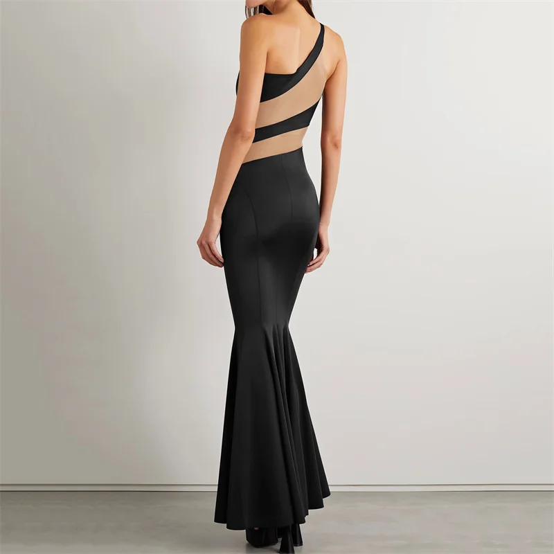 

Summer Dresses For Women 2023 Asymmetric Elastic Tulle Stitching Long Dresses Korean Fashion Half Perspective Women's Slim Dress
