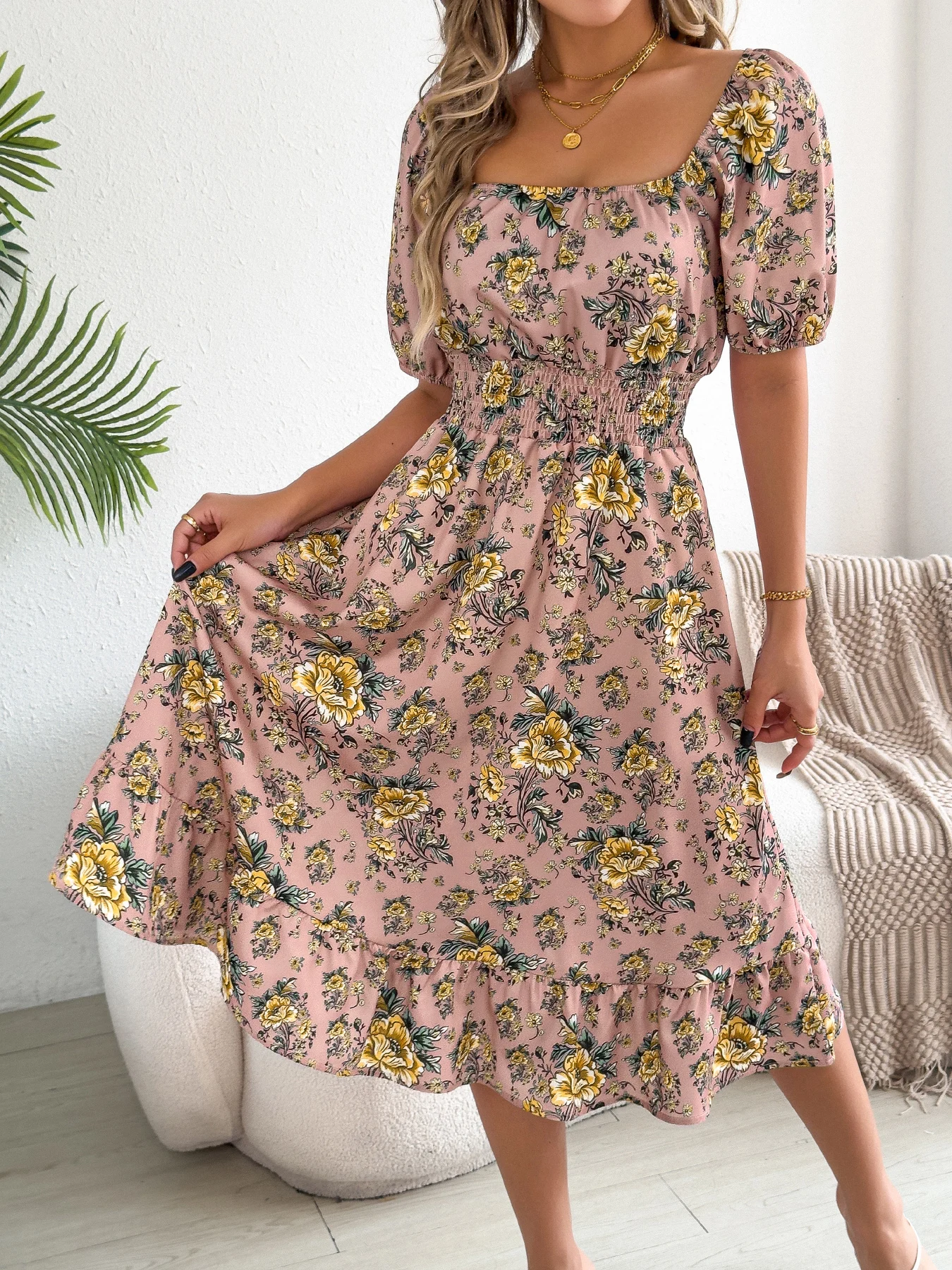 Floral Print Midi Dress for Women Pink Blue