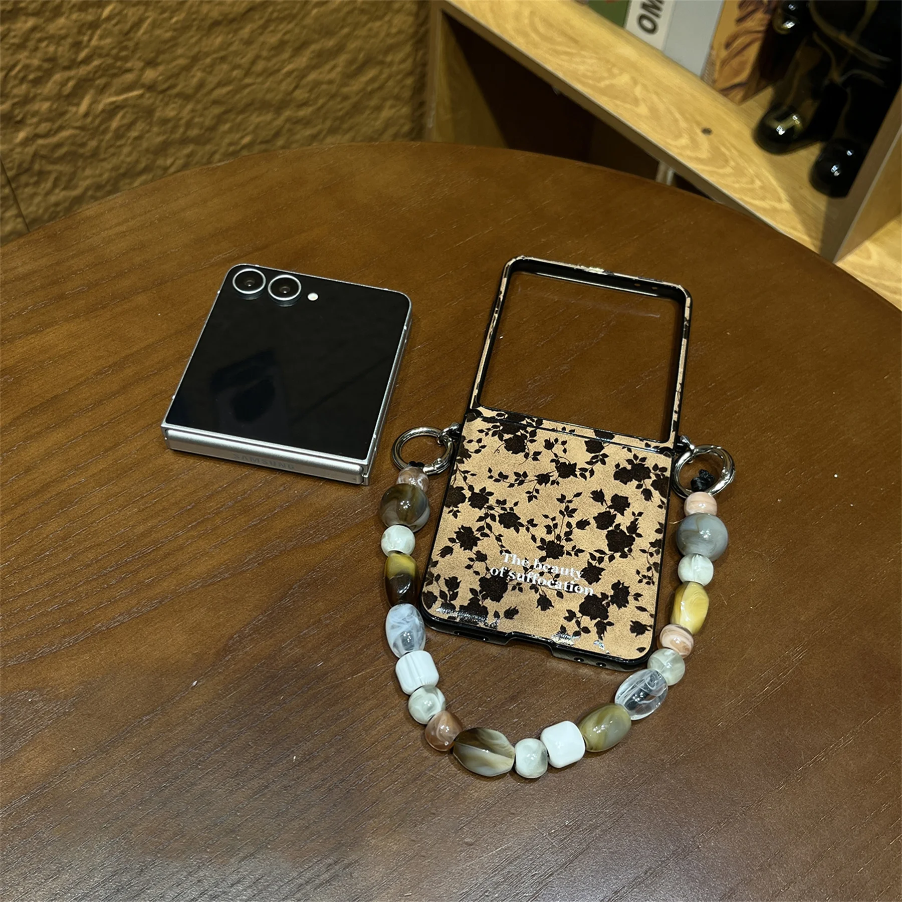 Classic Full Screen Maple Leaf Brown Case with Stone Bracelet Chain - Back Cover