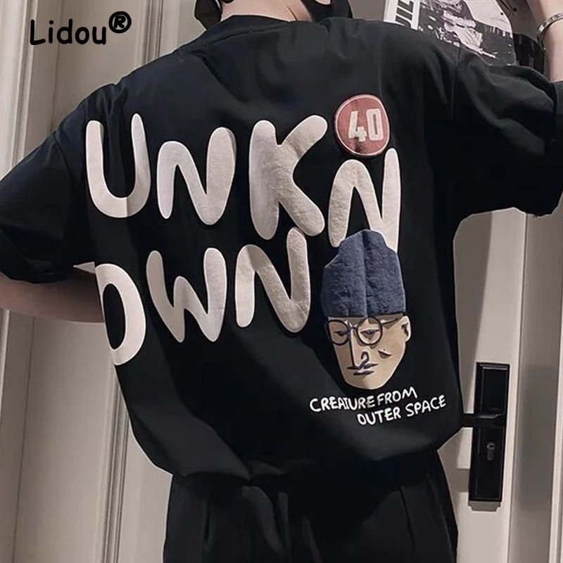 

Casual Printing Letter Old Man Pattern Black Male T-shirt Summer New High Quality Short Sleeve Loose Round Neck Trendy Brand Top