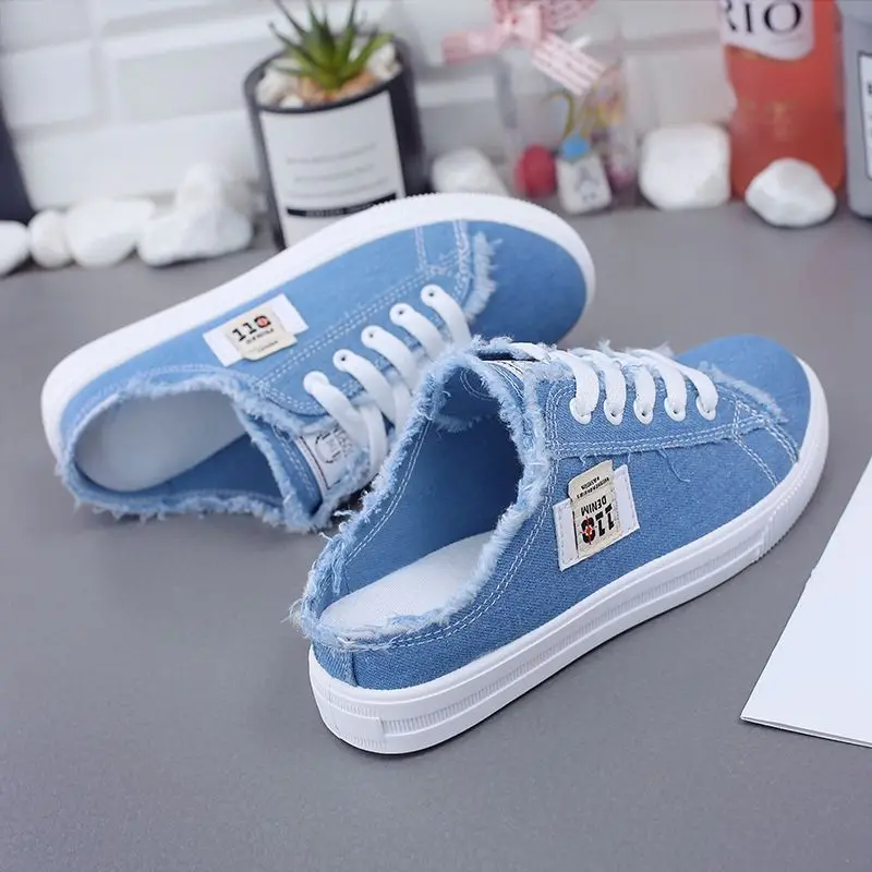 Women Casual Shoes Girl White Canvas Slippers Platform Round Toe All-match Lace Up Non-slip Breathable Ladies Half Slides