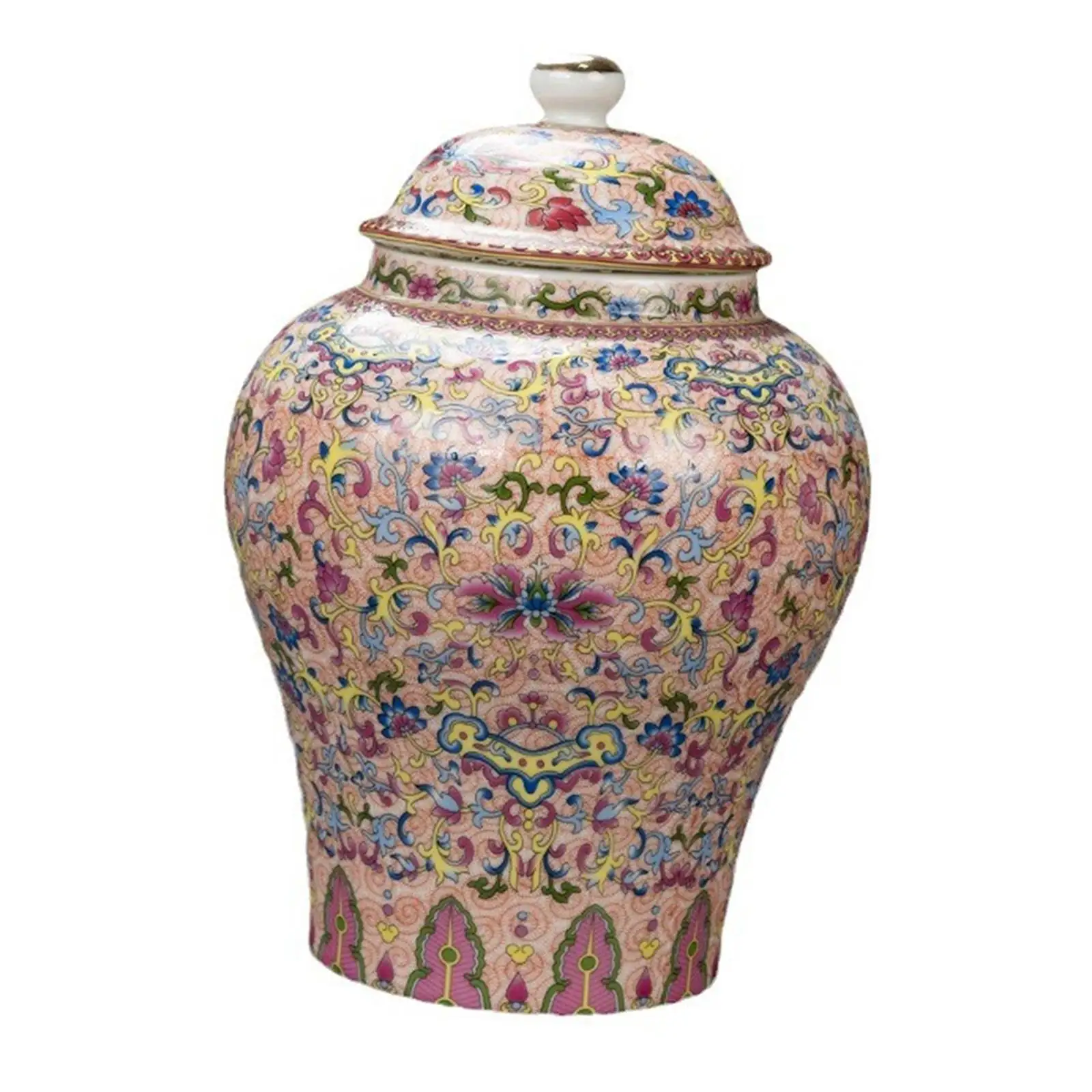 Porcelain Ginger Jar Flower Vase Pink Chinese Ceramic Tea Canister Tin Temple