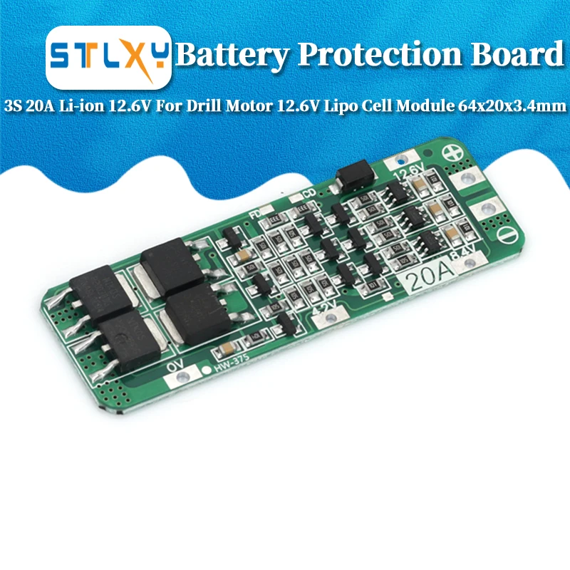 Javino 3S 20A 리튬 이온 리튬 배터리 18650 충전기 PCB BMS 보호 보드 드릴 모터 12.6V Lipo 셀 모듈 64x20x3.4mm