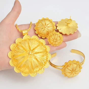 Anniyo 7.7cm Big Pendant Necklace Earrings Bracelet Rings African Ethiopian Jewelry Sets Eritrean Arabic Wedding Decor  #155216R 1