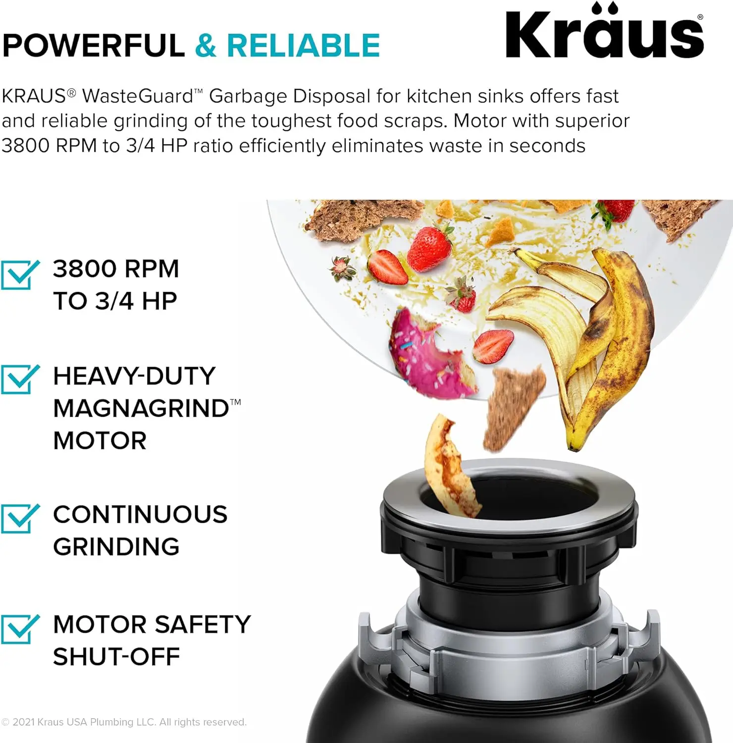 Continuous Feed Garbage Disposal with 3/4 Ultra-Quiet Motor for Kitchen Sinks with Power Cord and Flange Inc 5
