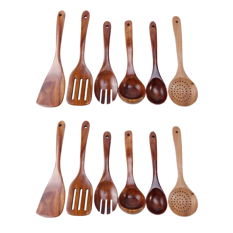 

LJL-Wooden Utensils Set Of 12, Large Kitchen Cooking Utensil For Non Stick Cookware, Natural Teak Wood Spoons Spatula Ladle