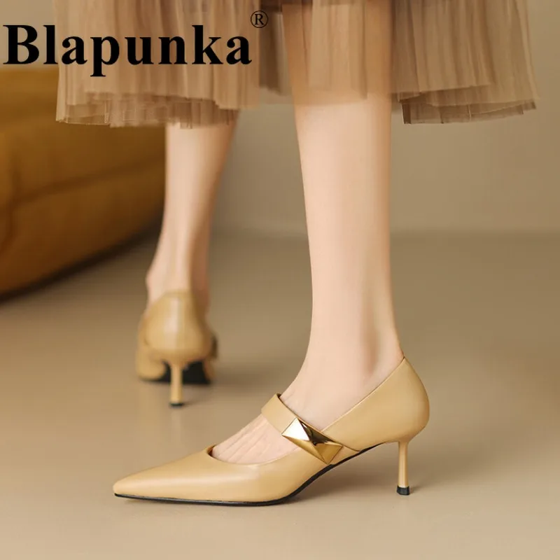

Женские туфли-лодочки из натуральной коровьей кожи Blapunka, желтые ремешки с металлическим украшением, на тонком высоком каблуке, туфли Мэри Джейн, 33-40