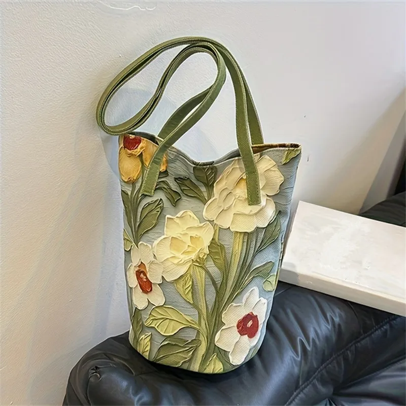 Floral Bucket Bag for Women, Shoulder Crossbody Oil Painting Flower Design Casual Fashion Tote Bag, Available Green, Blue, Black