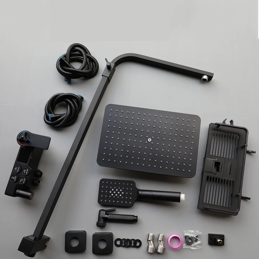 Black Display Thermostatic Shower Faucet Set Rainfall Bathtub Tap With Bathroom Shelf Water Flow Produces Electricity 5