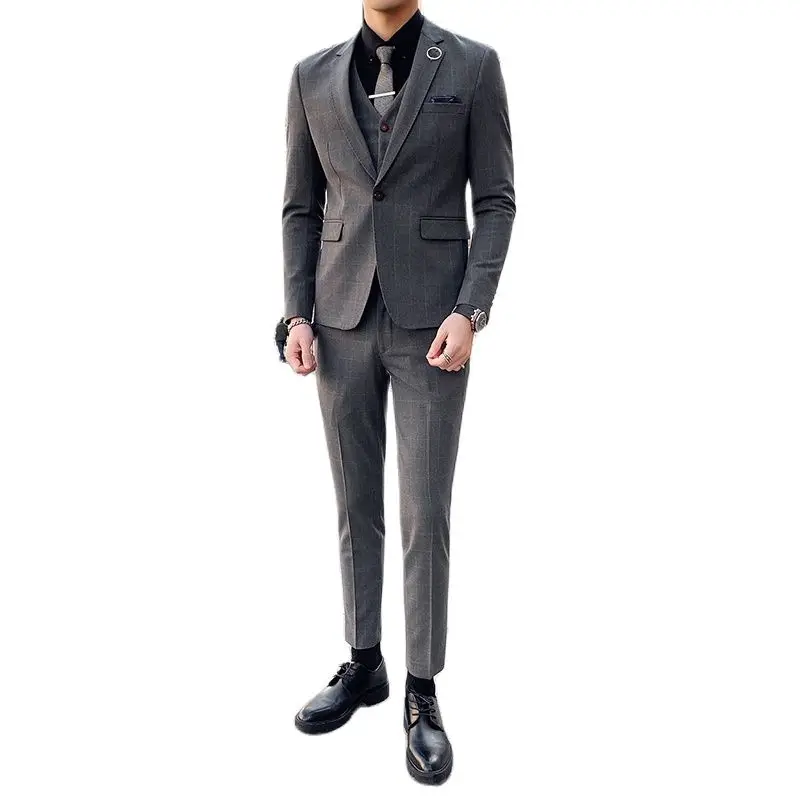 

2022 Jacket+vest+pants Autumn and Winter Plaid Suit Three-piece Suit Men's Jacket Small Business Casual High Quality suit