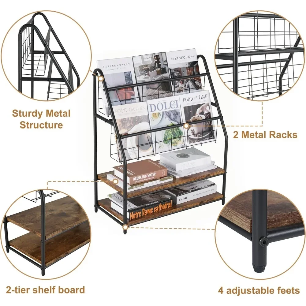 Magazine Holder Floor,2-Tier Metal Magazine Racks, Newspaper Display Stand with Board Shelves for Books and Brochure in Home 3