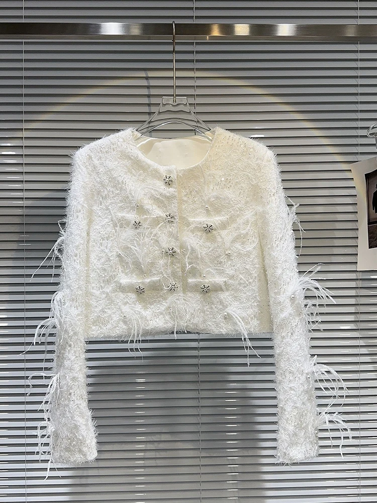 

HIGH STREET 2023 Newest Designer Stylish Jacket Women's Water Diamond Flower Button Feather Splice Short Jacket