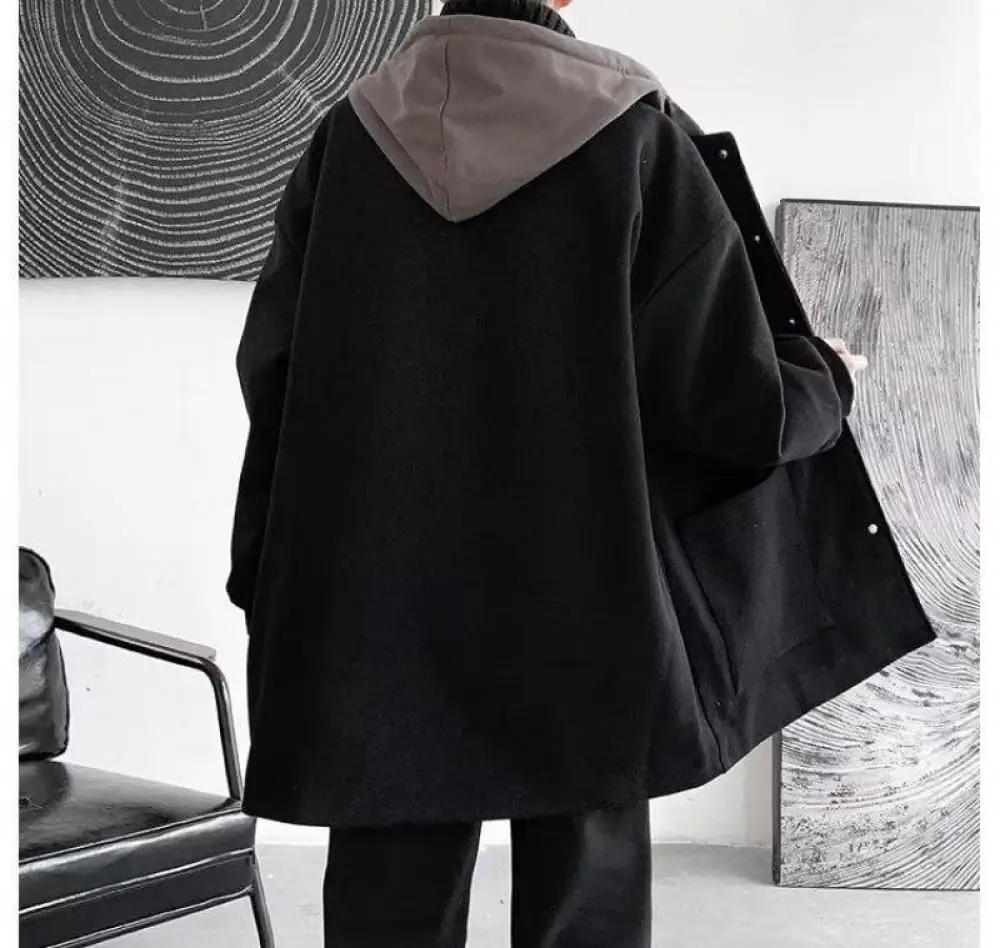 2023 Autumn Winter New Men's Fashion Trend Solid Color Hooded Medium Length Woolen Coat High Grade Men's Top