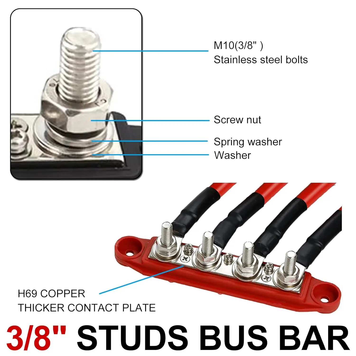 Power Distribution Block 2pcs 4 Stud Busbar Bus Bar M8 M10 Battery Terminal Marine Automotive 12V 250A