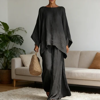 Spring New Fashion Linen Loose Long-sleeved Wide-leg Trousers 2-piece Set Women Casual Retro Elegant Female Simple Suit 1