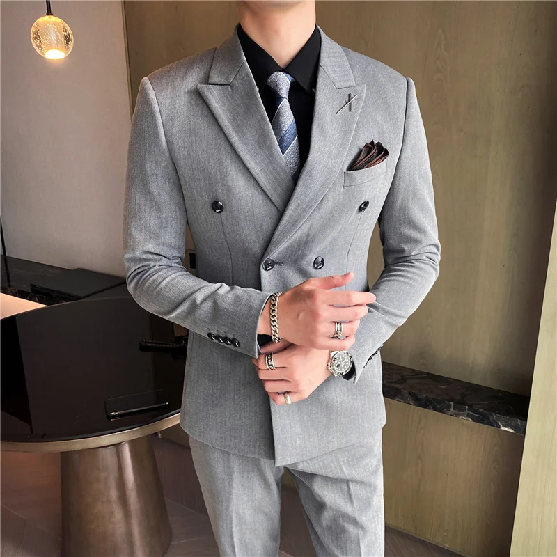

[Blazer+Pants+Vest]Luxury men suit 3-piece suit fashion boutique bridegroom wedding dress men double-breasted tuxedo suit M-4XL