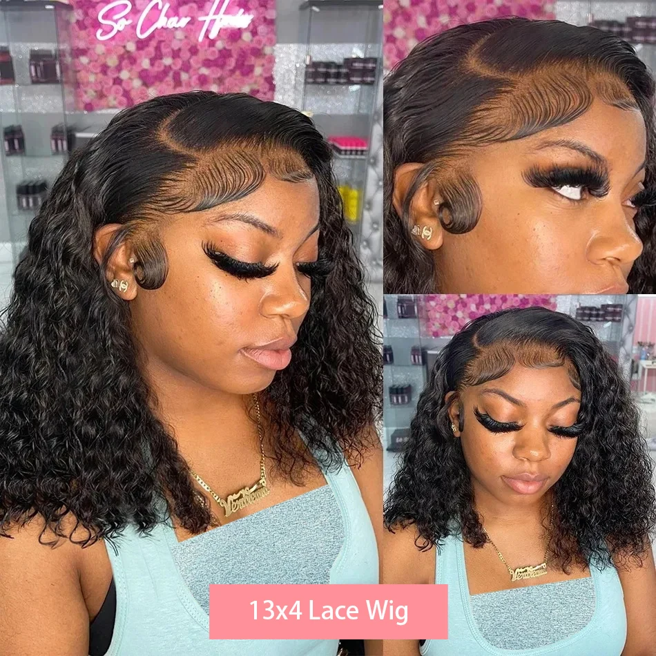 13x4 Brazilian Deep Wave  PrePlucked Bob Wig Lace Front Human Hair Remy Water Curly Short Bob Wigs 180% Lace Closure Wigs Women