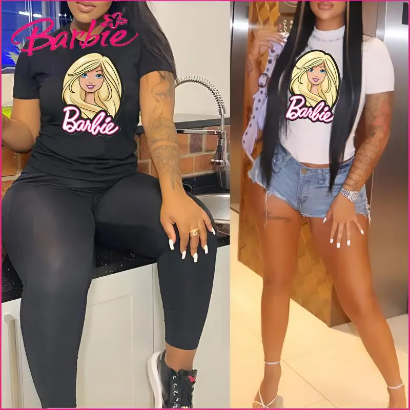 

2024 New Barbie Slim T-Shirt Women Round Neck Short Sleeve Fashion Printed Summer Women's Tops Ladies Clothing Streetwear