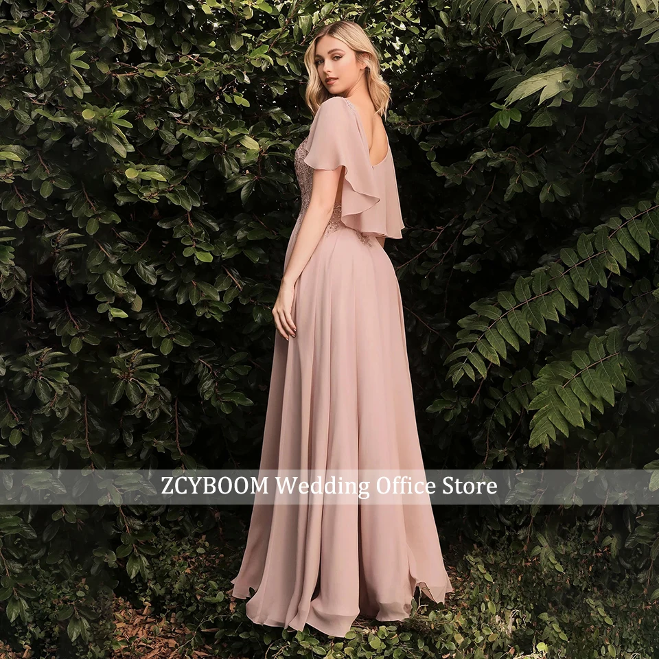 Elegantes blaues Chiffon-Abendkleid mit U-Boot-Ausschnitt und kurzen Ärmeln 2026, A-Linie, Spitzenapplikationen, bodenlang, für Damen, Party, Gast, Abschlussball – Detail 7