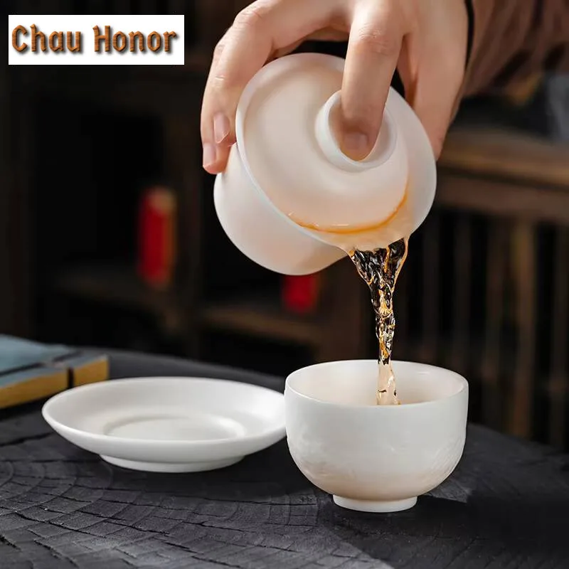 150ml High End Ice Jade White Porcelain Gaiwan Elegant Tea Lid Set Tea Tureen Household Tea Making Cover Bowl for Tea Decoration