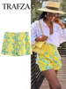 TRAFZA 2024 Women Yellow Lemon Print Casual Shorts Y2k Woman Fashion Summer High Waist Zipper Slim Shorts For Beach Party 1