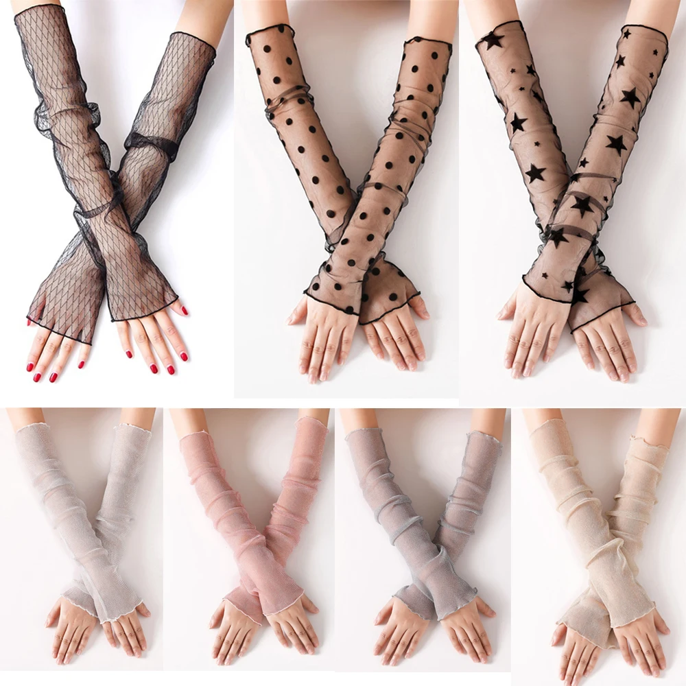 Women's Summer Sun Protection Sleeves Mesh Lace UV Thin Long-Sleeved Bike Breathable Cycling Gloves Driving Arm Warmers Sleeves