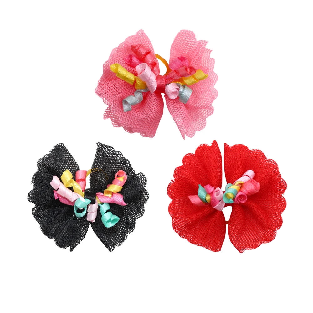 100PCS Dog Bows Volumes Ribbon Pet hair bows Dog Lace Bowknot Rubber bands Cute Dog Hair accessories Porcelain Gift For Dogs 5