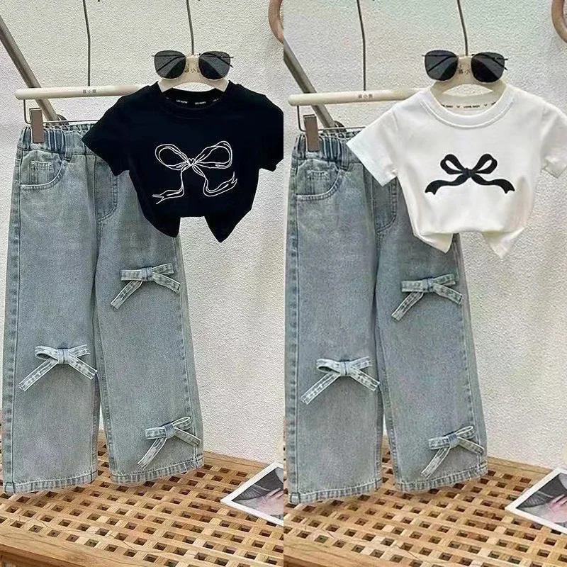 3-8T Girls Children's Clothing Set Spring Summer Milk Silk Bow Printed Short Sleeve Shirt Jeans Pants kids clothing set girls clothing set
