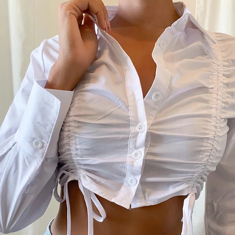 

Spring Elegant Bandage Long Sleeve T-Shirt 2024 White Irregular Ruched Button Solid Chic Tops Thin Office Lady Streetwear Outfit