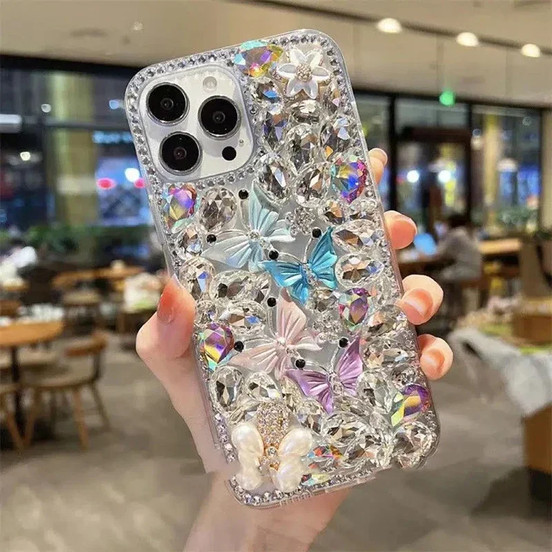 Luxury Manual Inlaid Rhinestone Butterfly Phone Case for Xiaomi Redmi 9A 9C Note8 9Pro Note10S Note11 Pro 12Pro Hard Cases