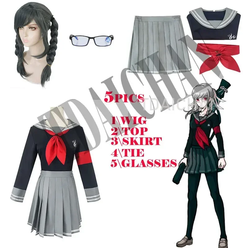 

2021new Danganronpa V3 cosplay costumes Peko pekoyama uniform jacket skirt tie wigs costume for women anime cosplay 5pics