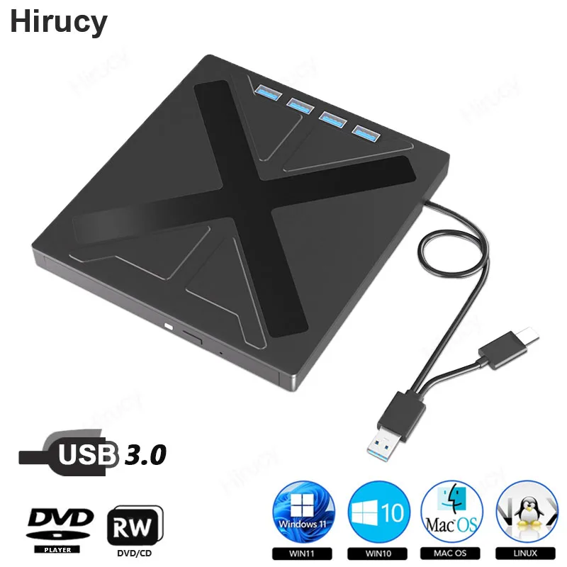 USB 3.0 외장 광학 드라이브 CD DVD RW 리더, 휴대용 버너 CD DVD 플레이어, SD TF 카드 슬롯, PC 노트북용